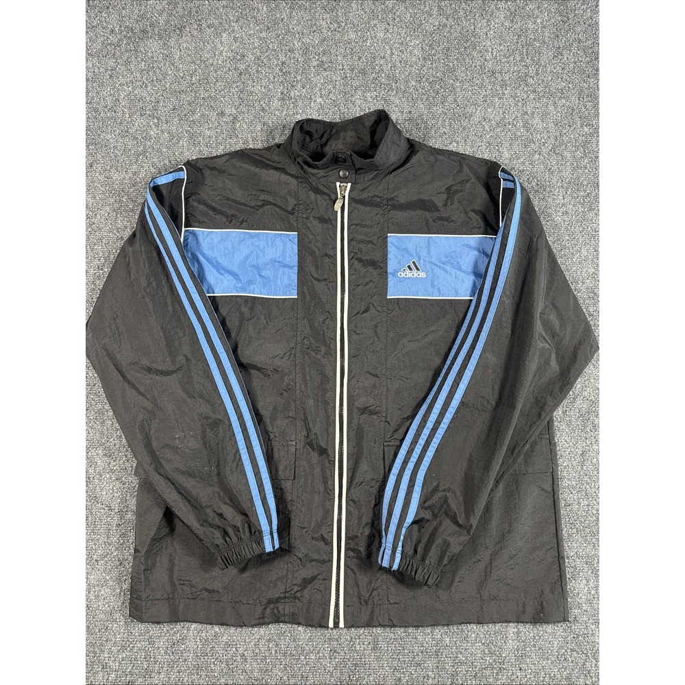 Vintage Adidas Jacket Mens Large Zippered Windbreaker Black‎ Nylon 3 Striped VTG